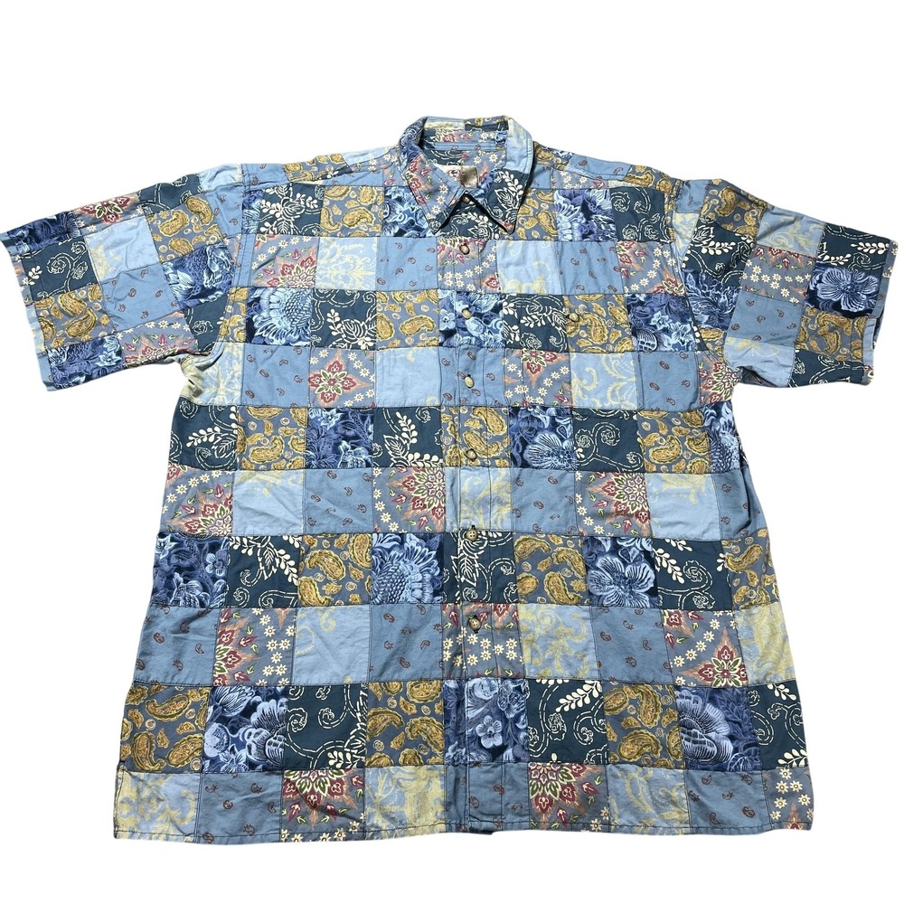 The Territory Ahead Shirt Mens 2XL Blue‎ Patchwork Paisley Short Sleeve Cotton